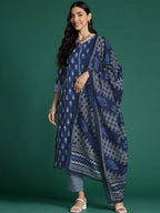 Indo Era Blue Printed Straight Kurta Trousers With Dupatta set | Grocsy