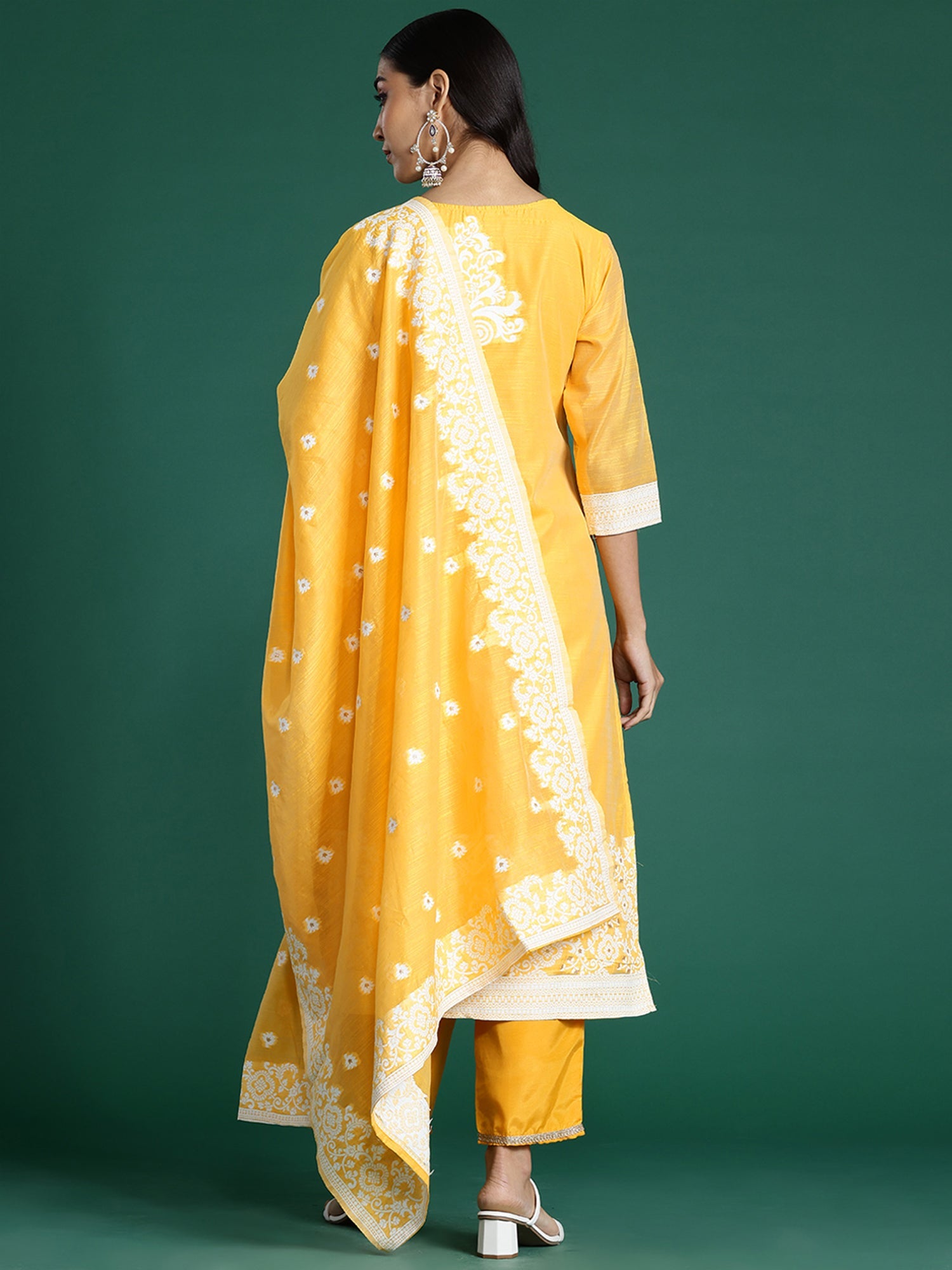 Indo Era Yellow Woven Design Straight Kurta Trousers With Dupatta set | Grocsy