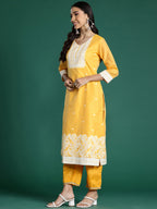 Indo Era Yellow Woven Design Straight Kurta Trousers With Dupatta set | Grocsy
