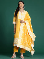 Indo Era Yellow Woven Design Straight Kurta Trousers With Dupatta set | Grocsy