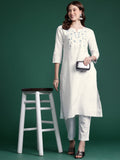Indo Era White Embroidered Straight Kurta Trousers set | Grocsy