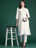 Indo Era White Embroidered Straight Kurta Trousers set | Grocsy