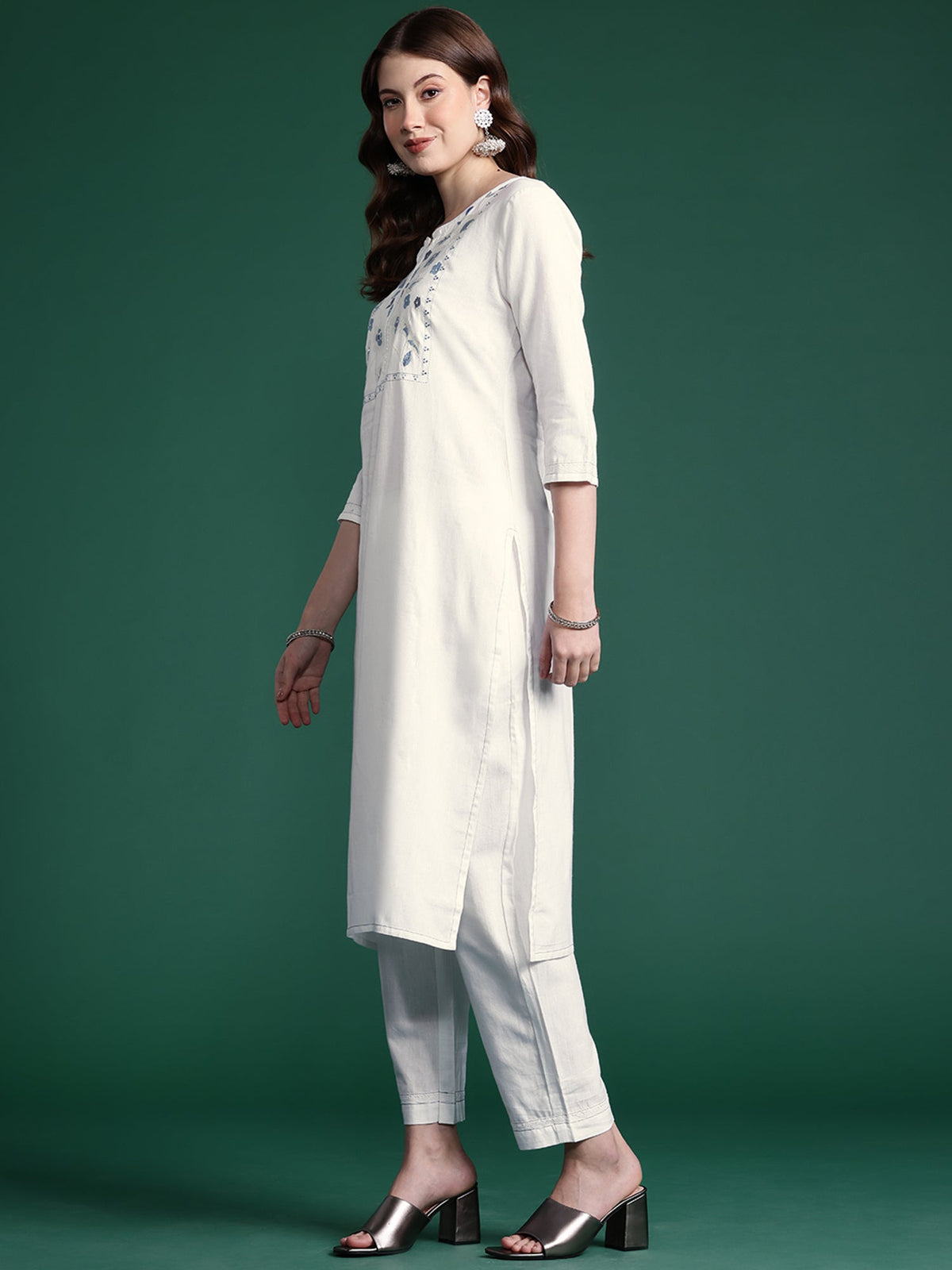 Indo Era White Embroidered Straight Kurta Trousers set | Grocsy