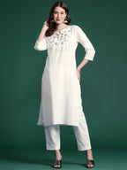 Indo Era White Embroidered Straight Kurta Trousers set | Grocsy
