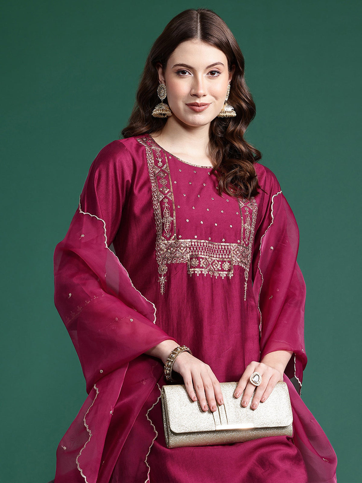 Indo Era Burgundy Embroidered Straight Kurta Trousers With Dupatta Set | Grocsy