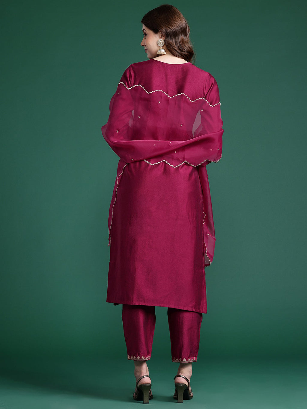 Indo Era Burgundy Embroidered Straight Kurta Trousers With Dupatta Set | Grocsy