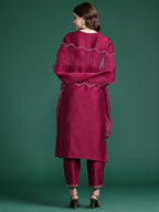 Indo Era Burgundy Embroidered Straight Kurta Trousers With Dupatta Set | Grocsy