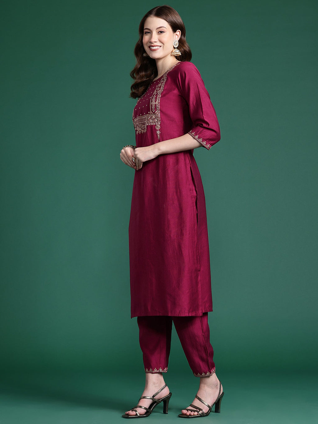 Indo Era Burgundy Embroidered Straight Kurta Trousers With Dupatta Set | Grocsy