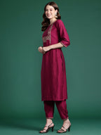 Indo Era Burgundy Embroidered Straight Kurta Trousers With Dupatta Set | Grocsy