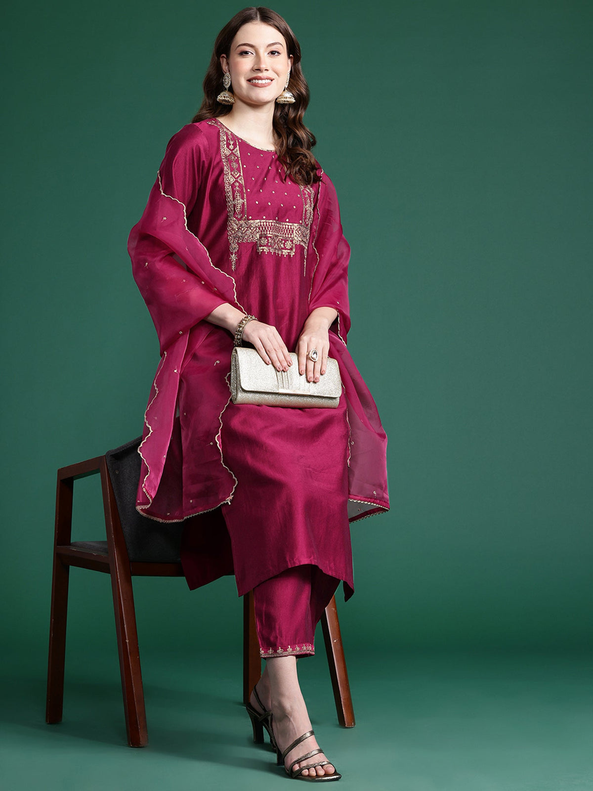 Indo Era Burgundy Embroidered Straight Kurta Trousers With Dupatta Set | Grocsy