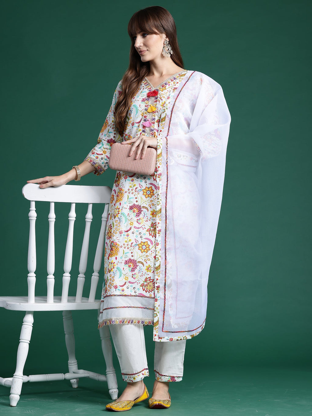 Indo Era Off White Printed Straight Kurta Trousers With Dupatta set | Grocsy
