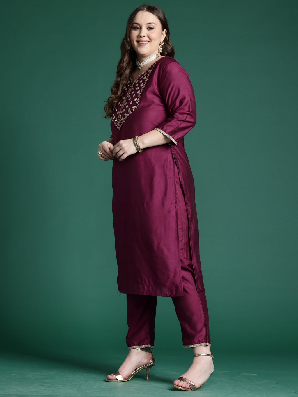 Indo Era Purple Embroidered Straight Kurta Trousers With Dupatta set | Grocsy