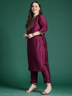 Indo Era Purple Embroidered Straight Kurta Trousers With Dupatta set | Grocsy