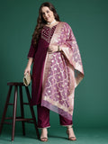 Indo Era Purple Embroidered Straight Kurta Trousers With Dupatta set | Grocsy