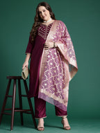 Indo Era Purple Embroidered Straight Kurta Trousers With Dupatta set | Grocsy