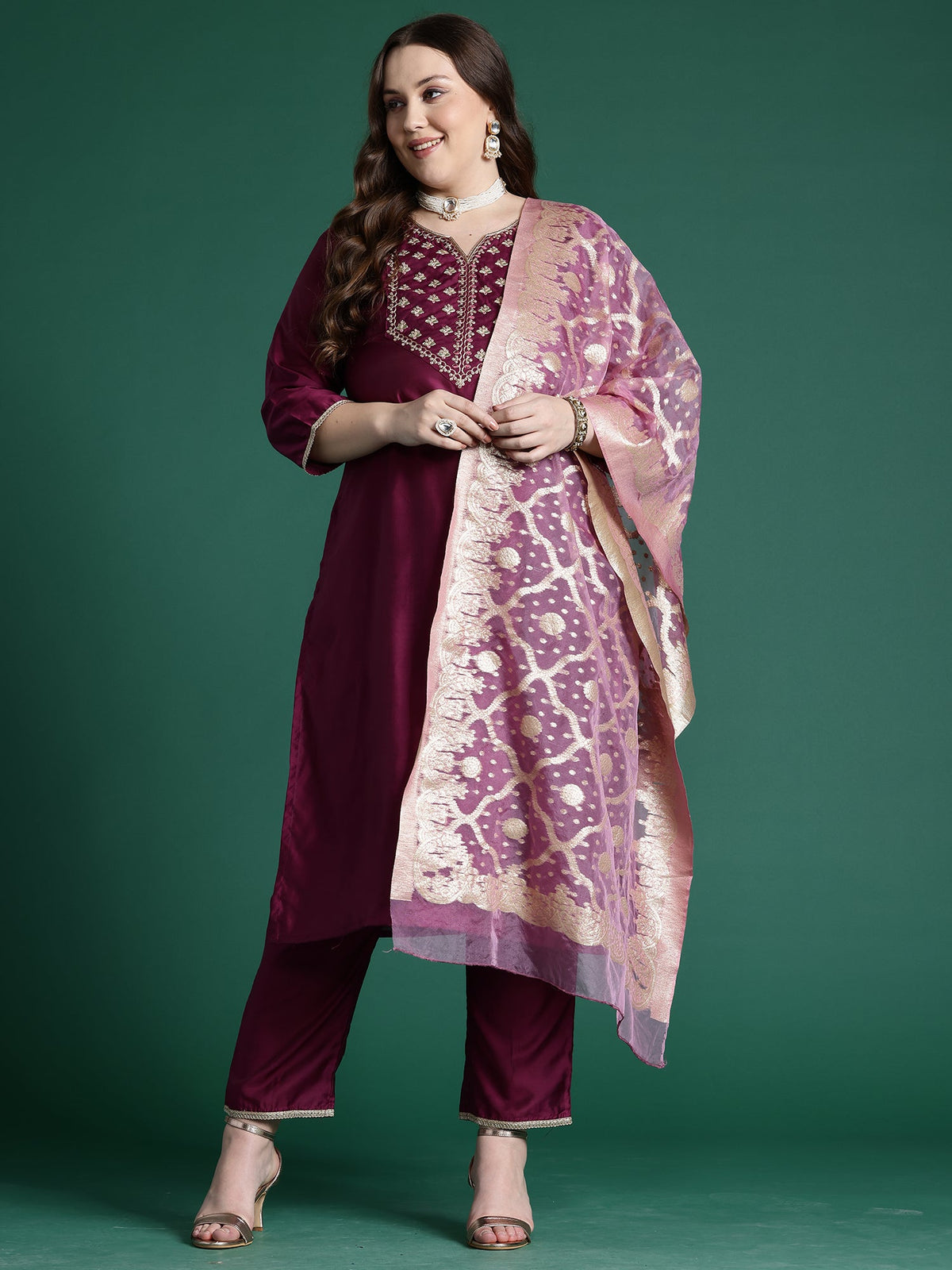 Indo Era Purple Embroidered Straight Kurta Trousers With Dupatta set | Grocsy
