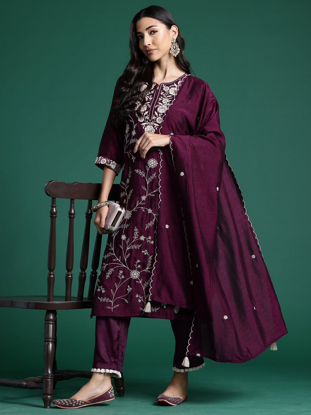 Indo Era Burgandy Straight Embroidered Kurta Trousers With Dupatta Set | Grocsy