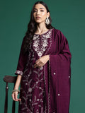 Indo Era Burgandy Straight Embroidered Kurta Trousers With Dupatta Set | Grocsy