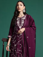 Indo Era Burgandy Straight Embroidered Kurta Trousers With Dupatta Set | Grocsy
