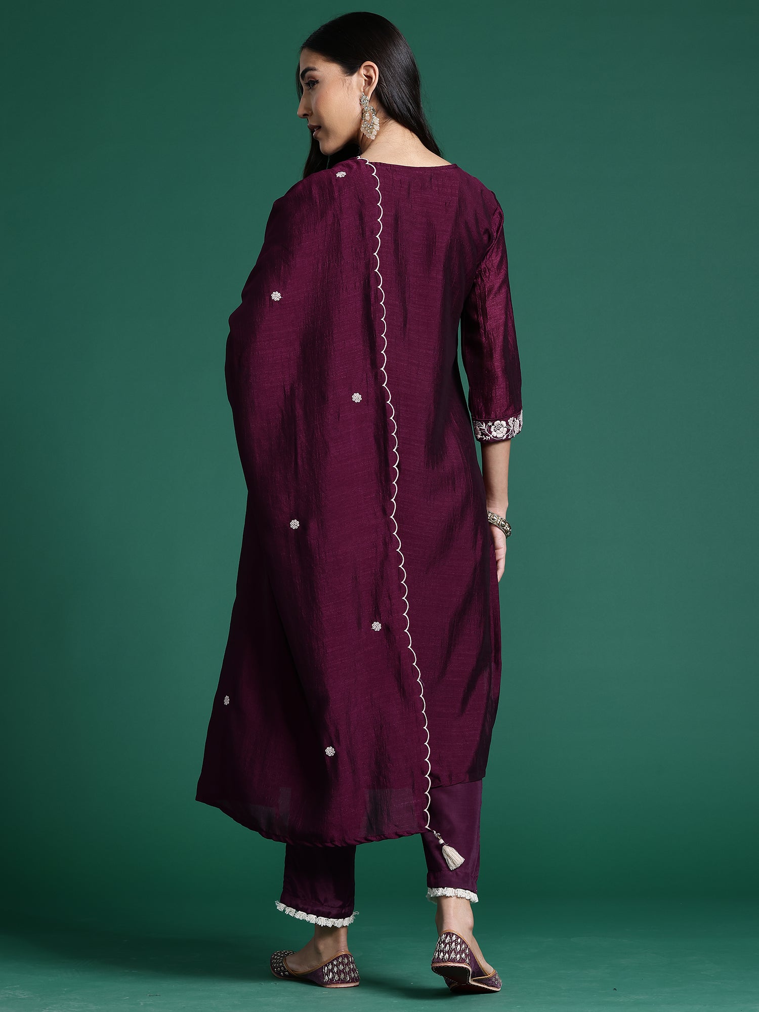 Indo Era Burgandy Straight Embroidered Kurta Trousers With Dupatta Set | Grocsy