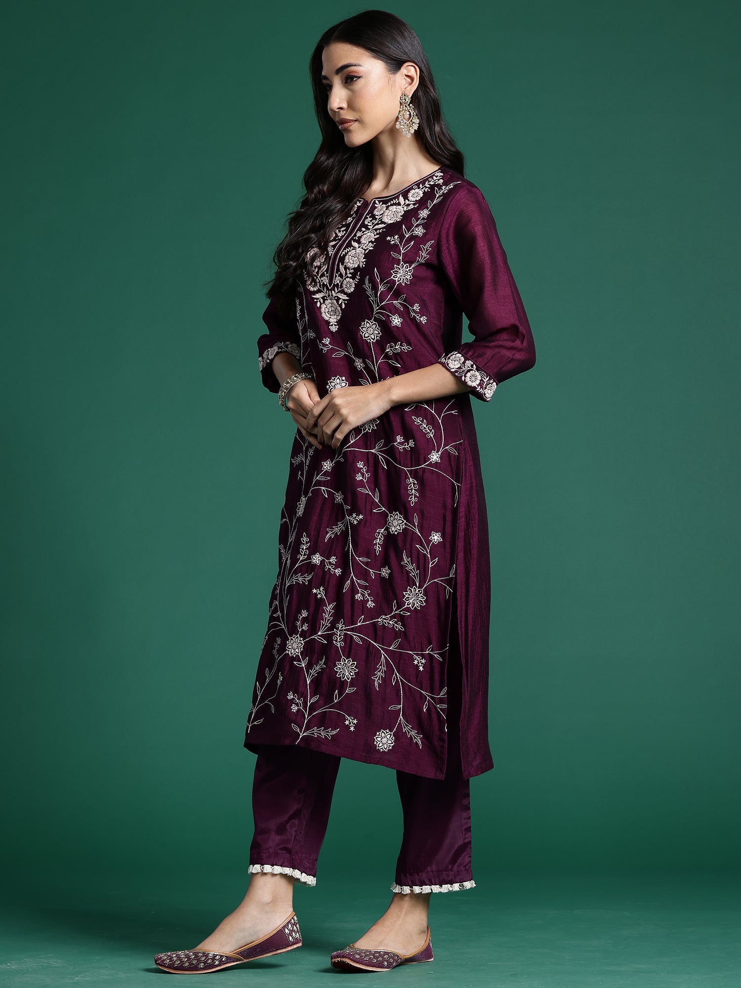 Indo Era Burgandy Straight Embroidered Kurta Trousers With Dupatta Set | Grocsy