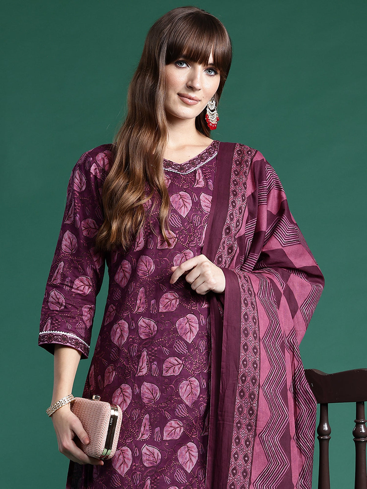 Indo Era Burgundy Printed Straight Kurta Palazzos With Dupatta set | Grocsy