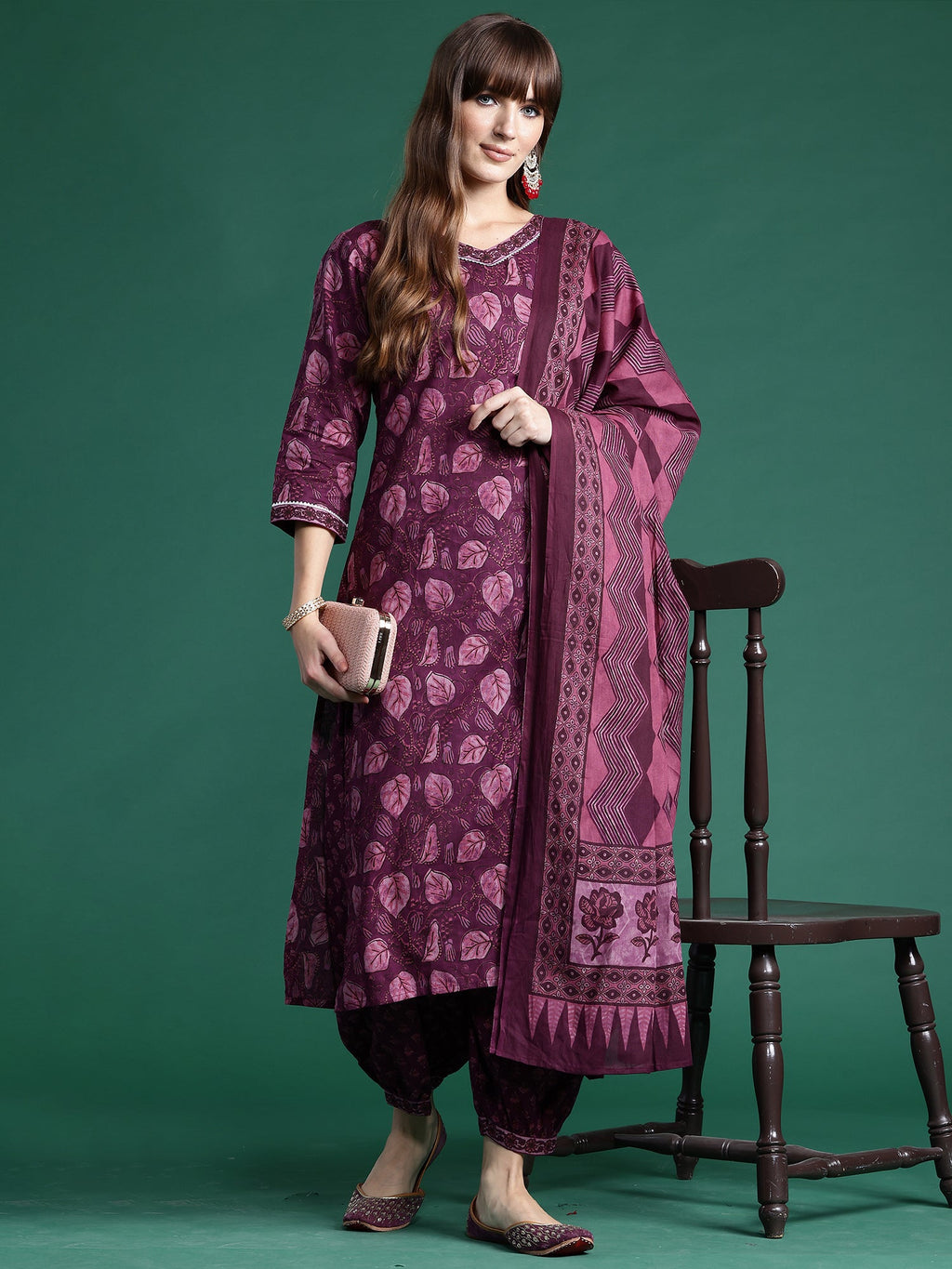 Indo Era Burgundy Printed Straight Kurta Palazzos With Dupatta set | Grocsy