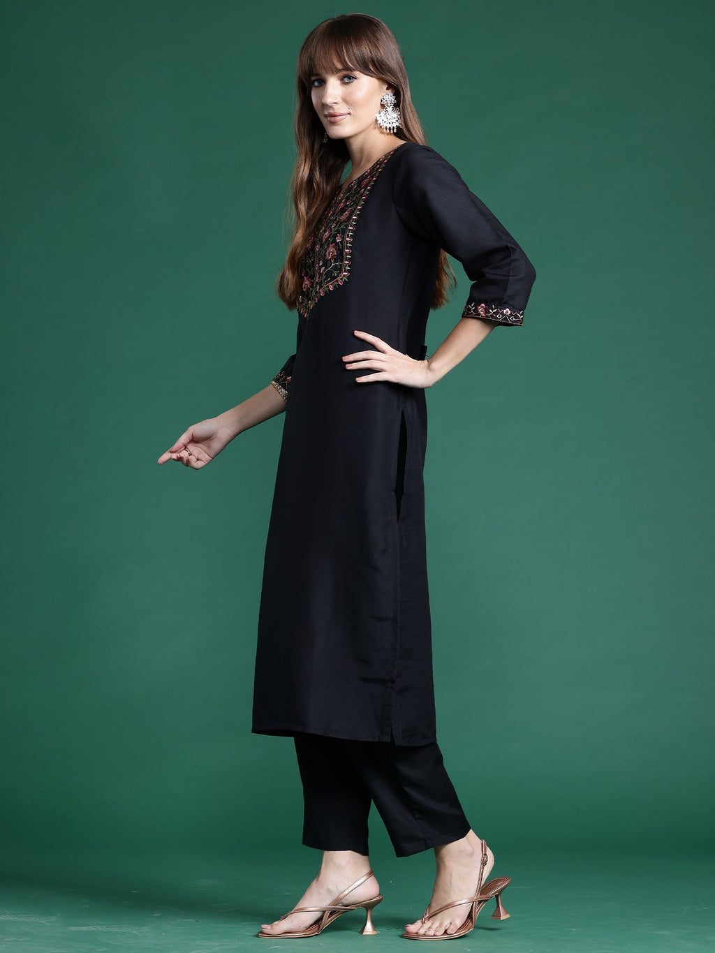 Indo Era Black Embroidered Straight Kurta Trousers With Dupatta Set | Grocsy