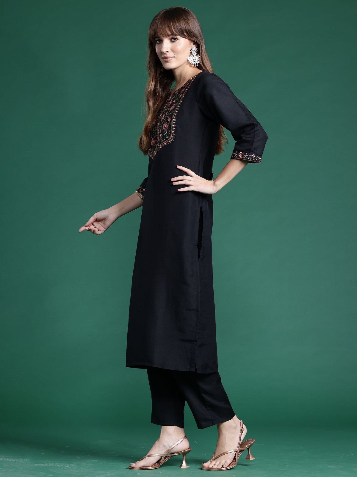 Indo Era Black Embroidered Straight Kurta Trousers With Dupatta Set | Grocsy