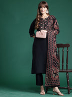 Indo Era Black Embroidered Straight Kurta Trousers With Dupatta Set | Grocsy
