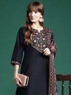Indo Era Black Embroidered Straight Kurta Trousers With Dupatta Set | Grocsy