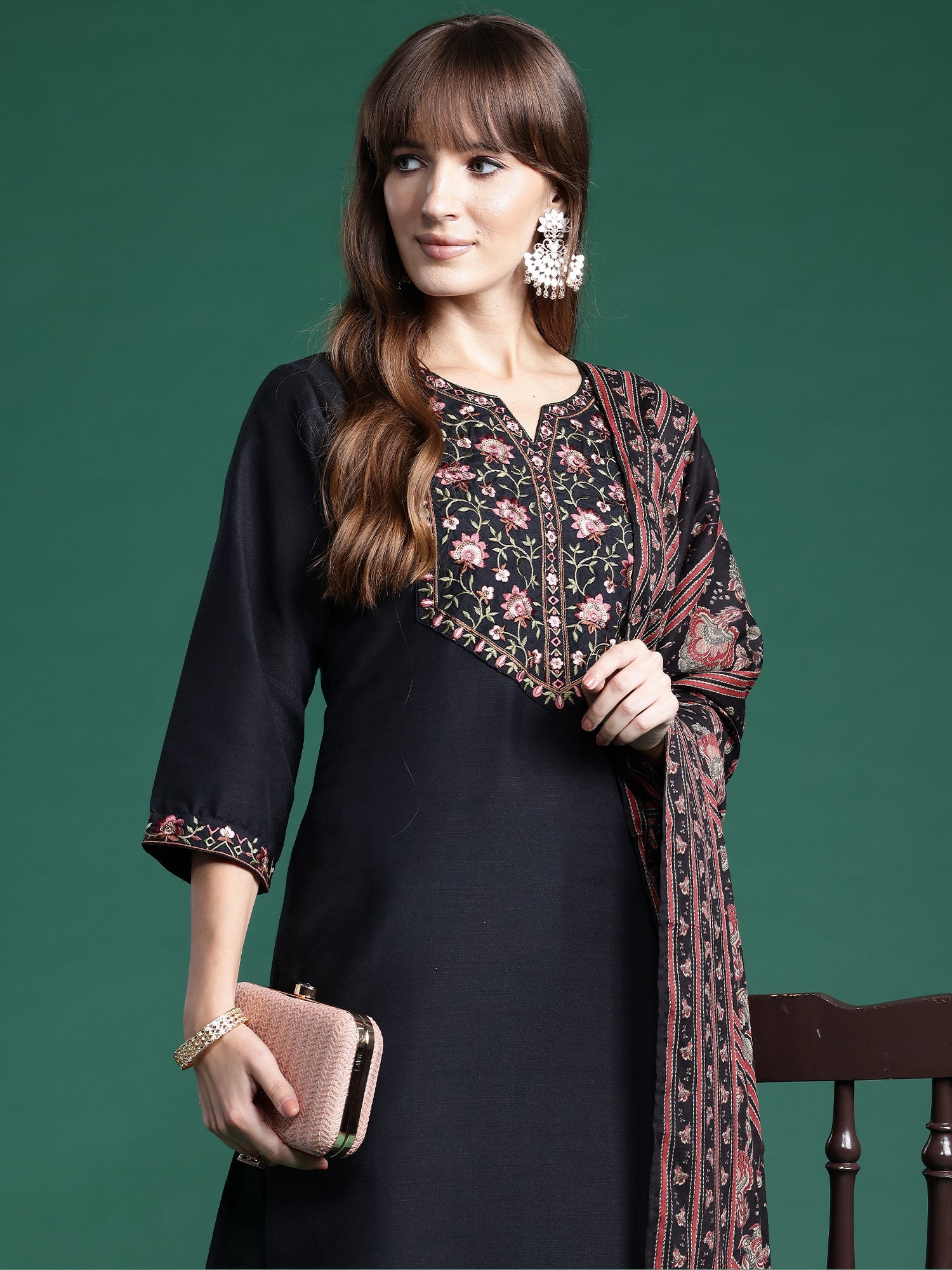 Indo Era Black Embroidered Straight Kurta Trousers With Dupatta Set | Grocsy