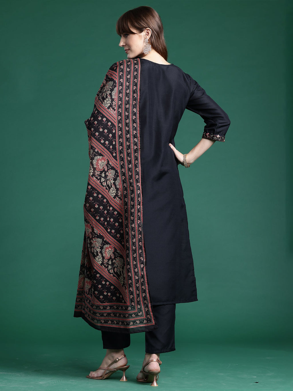 Indo Era Black Embroidered Straight Kurta Trousers With Dupatta Set | Grocsy