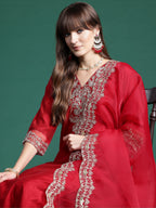 Indo Era Red Embroidered Straight Kurta Trousers With Dupatta Set | Grocsy