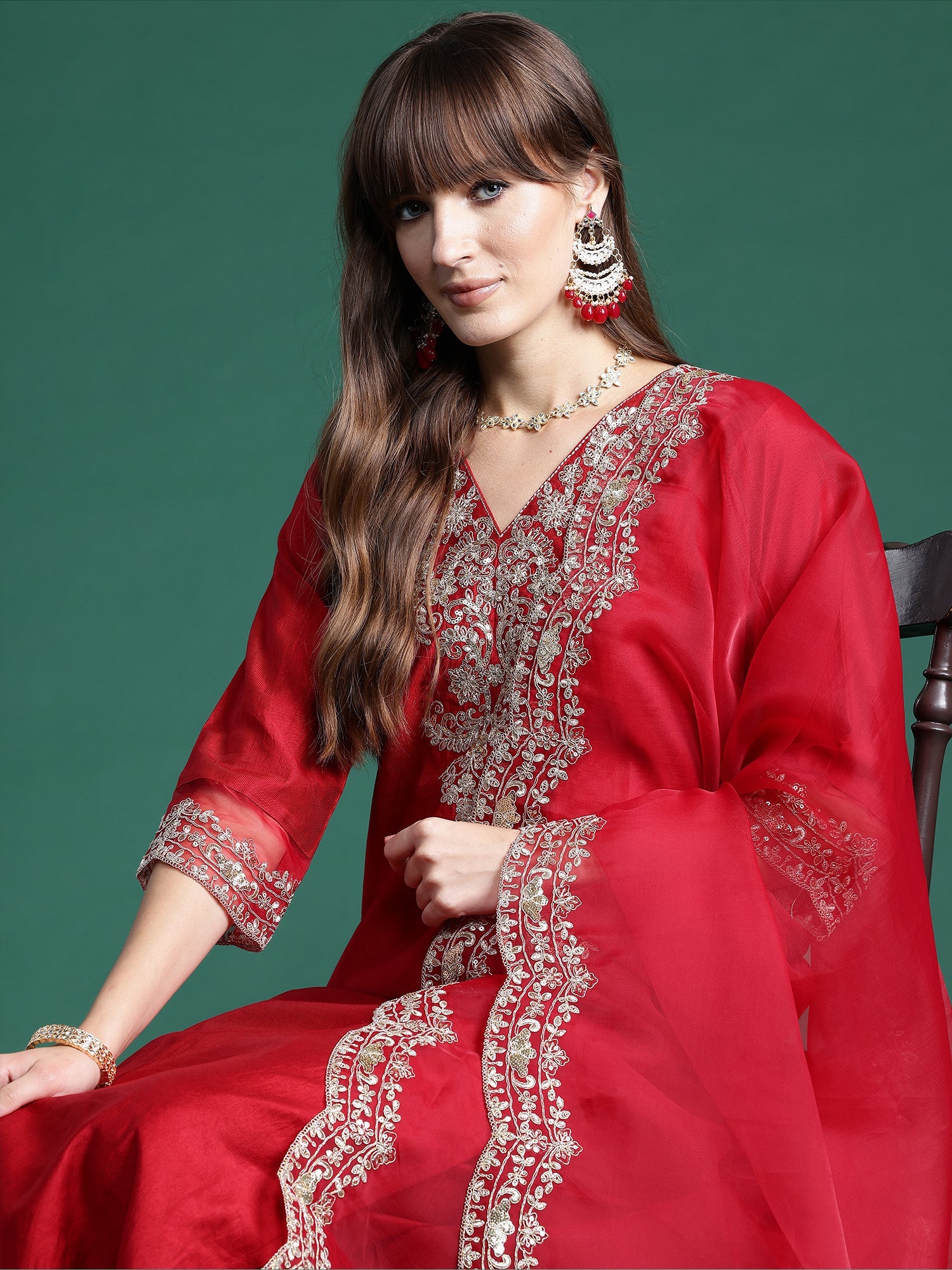 Indo Era Red Embroidered Straight Kurta Trousers With Dupatta Set | Grocsy