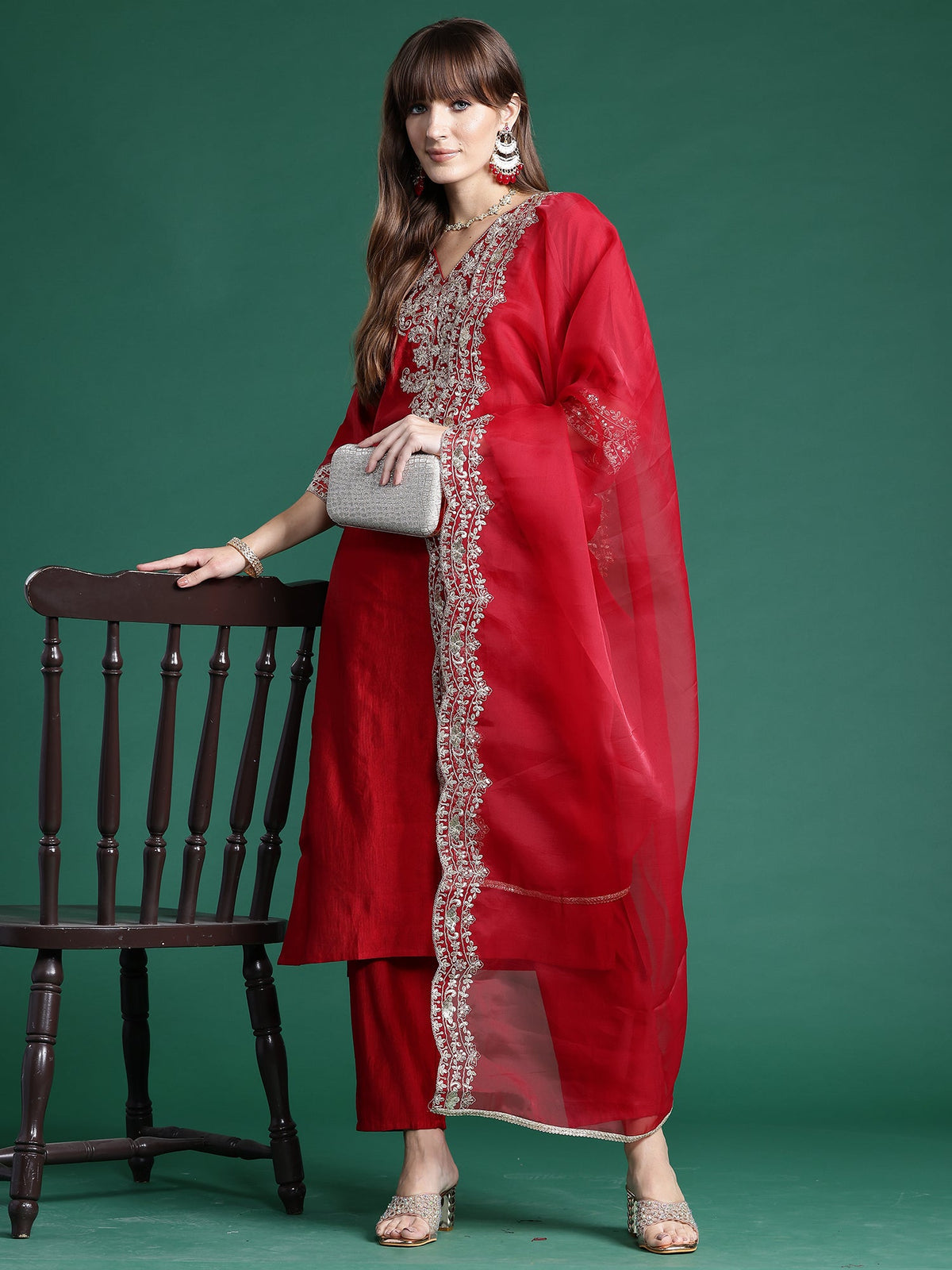 Indo Era Red Embroidered Straight Kurta Trousers With Dupatta Set | Grocsy