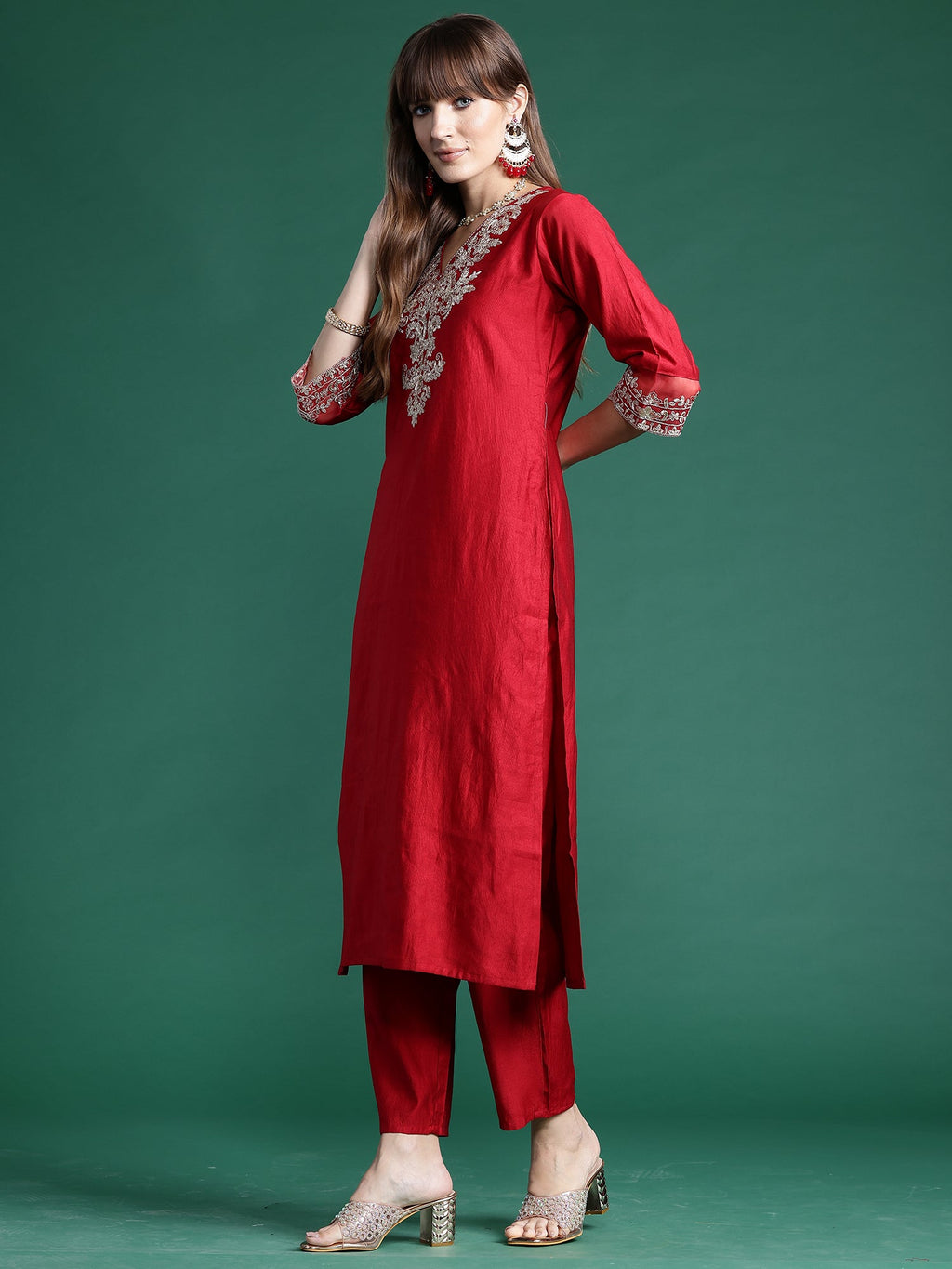 Indo Era Red Embroidered Straight Kurta Trousers With Dupatta Set | Grocsy