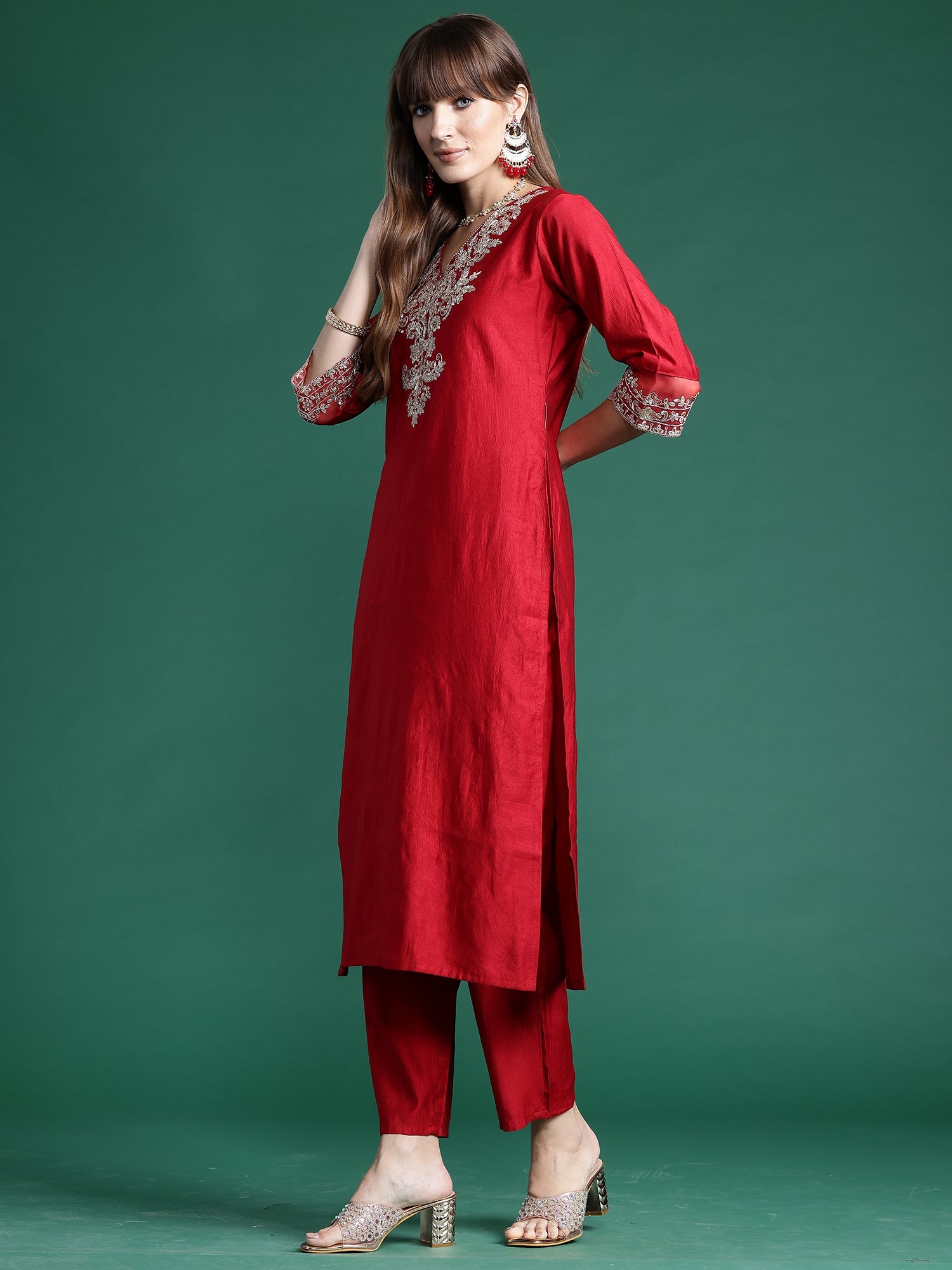 Indo Era Red Embroidered Straight Kurta Trousers With Dupatta Set | Grocsy