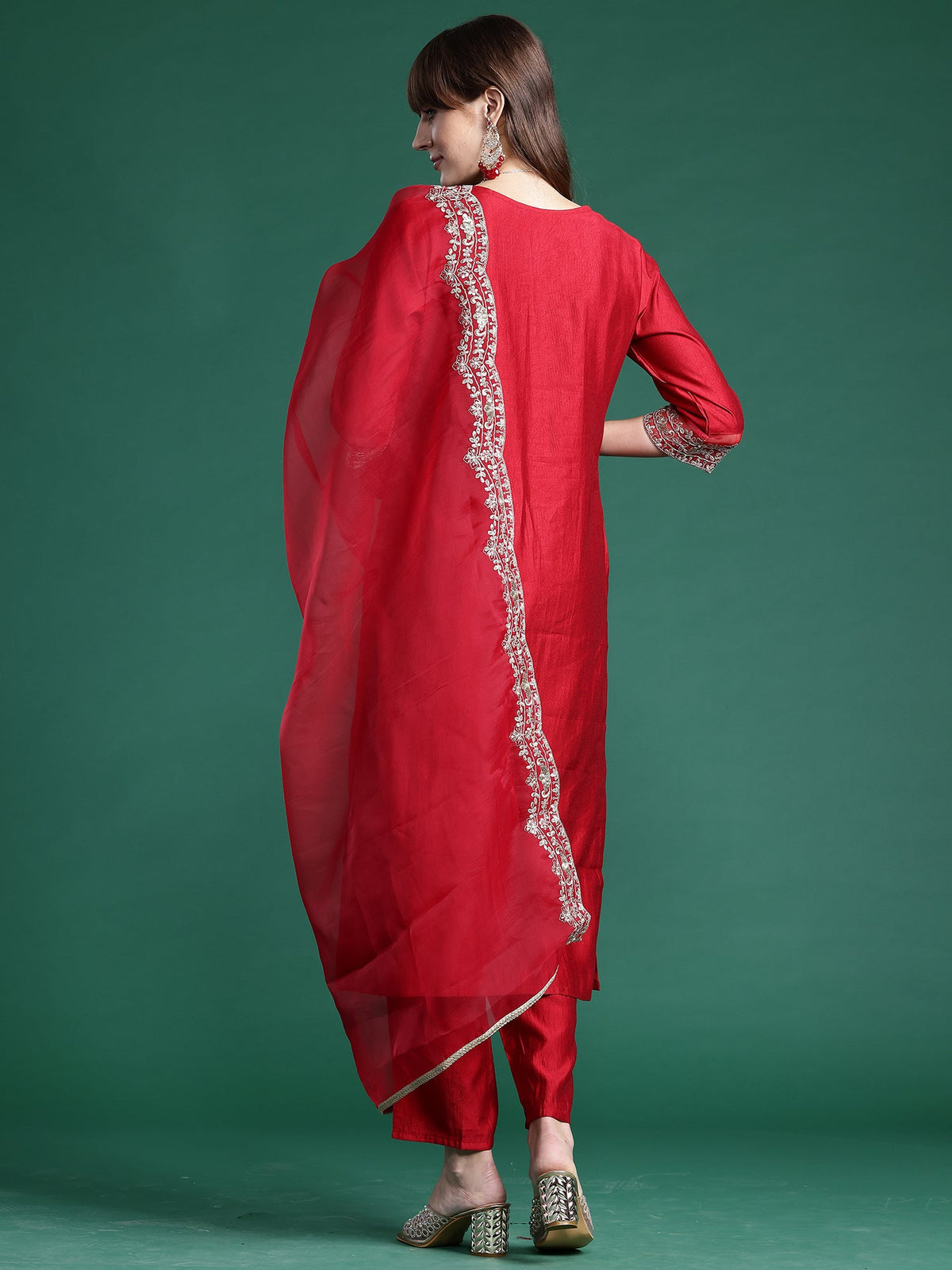 Indo Era Red Embroidered Straight Kurta Trousers With Dupatta Set | Grocsy