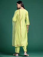 Indo Era Green Embroidered Straight Kurta Trousers With Dupatta Set | Grocsy