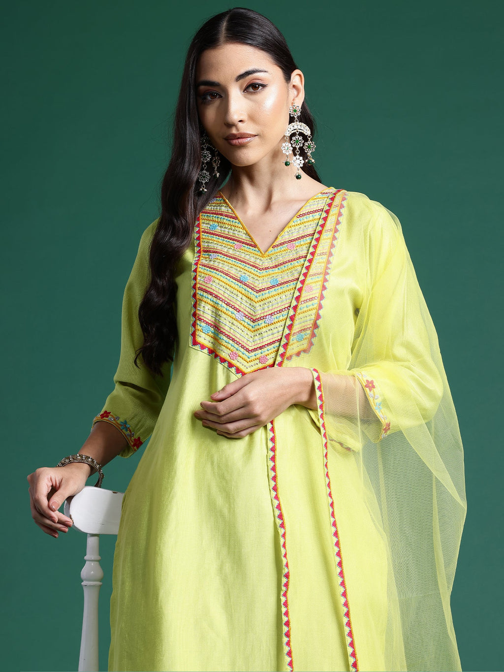Indo Era Green Embroidered Straight Kurta Trousers With Dupatta Set | Grocsy