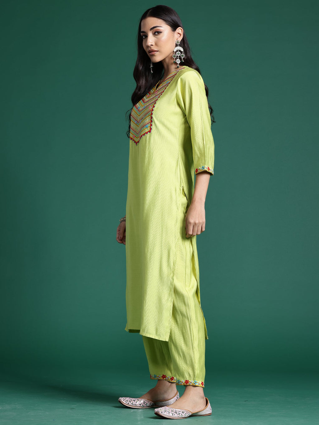 Indo Era Green Embroidered Straight Kurta Trousers With Dupatta Set | Grocsy