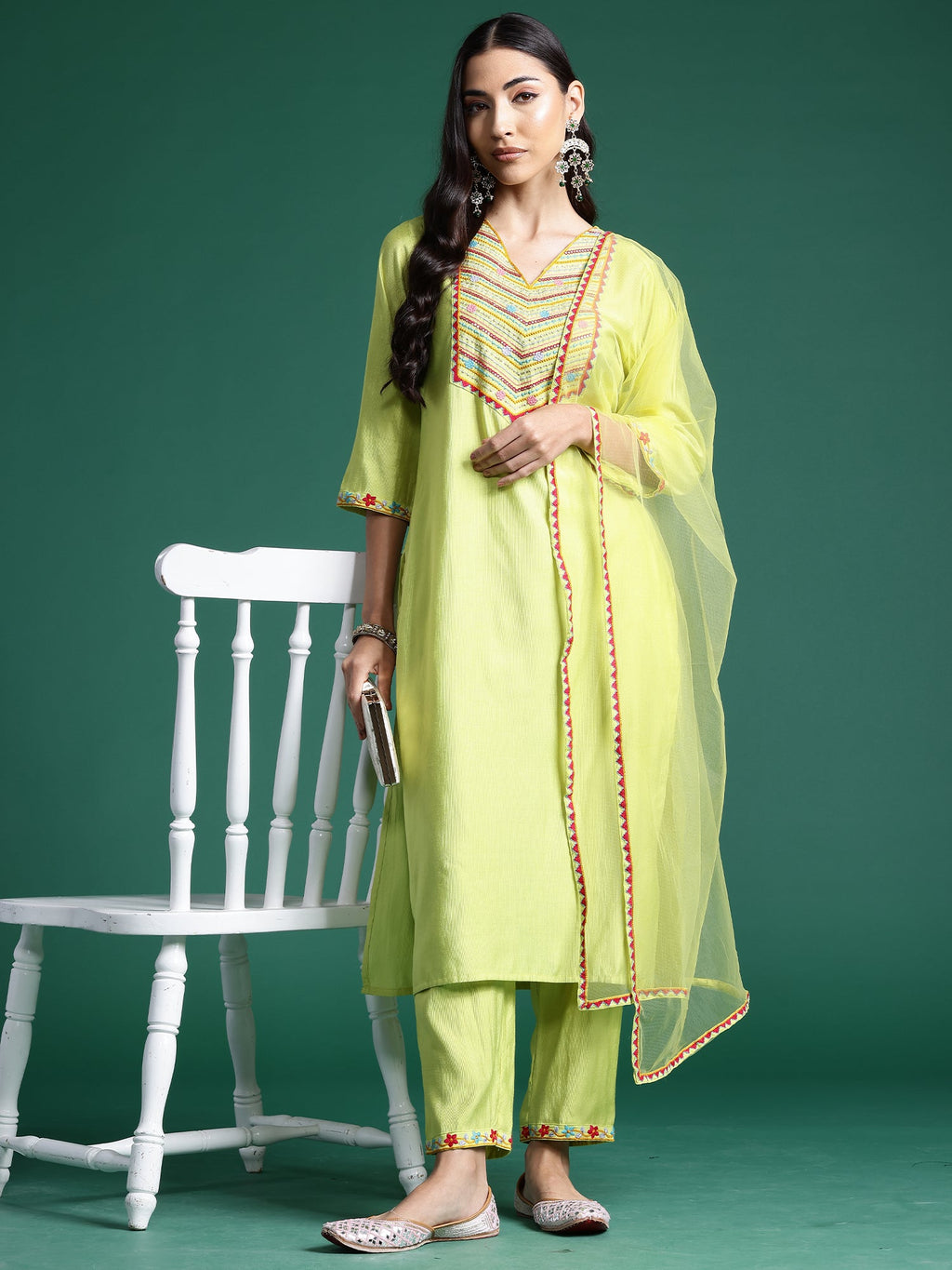 Indo Era Green Embroidered Straight Kurta Trousers With Dupatta Set | Grocsy