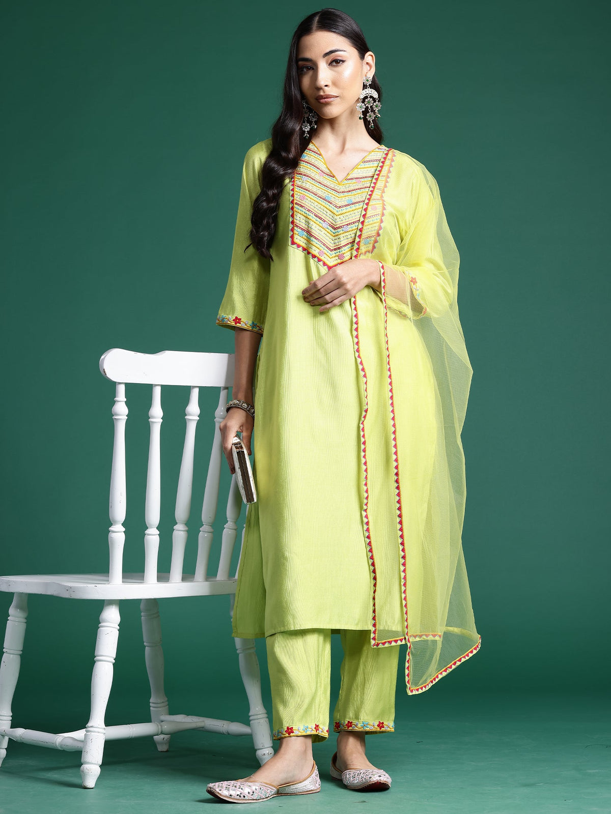 Indo Era Green Embroidered Straight Kurta Trousers With Dupatta Set | Grocsy