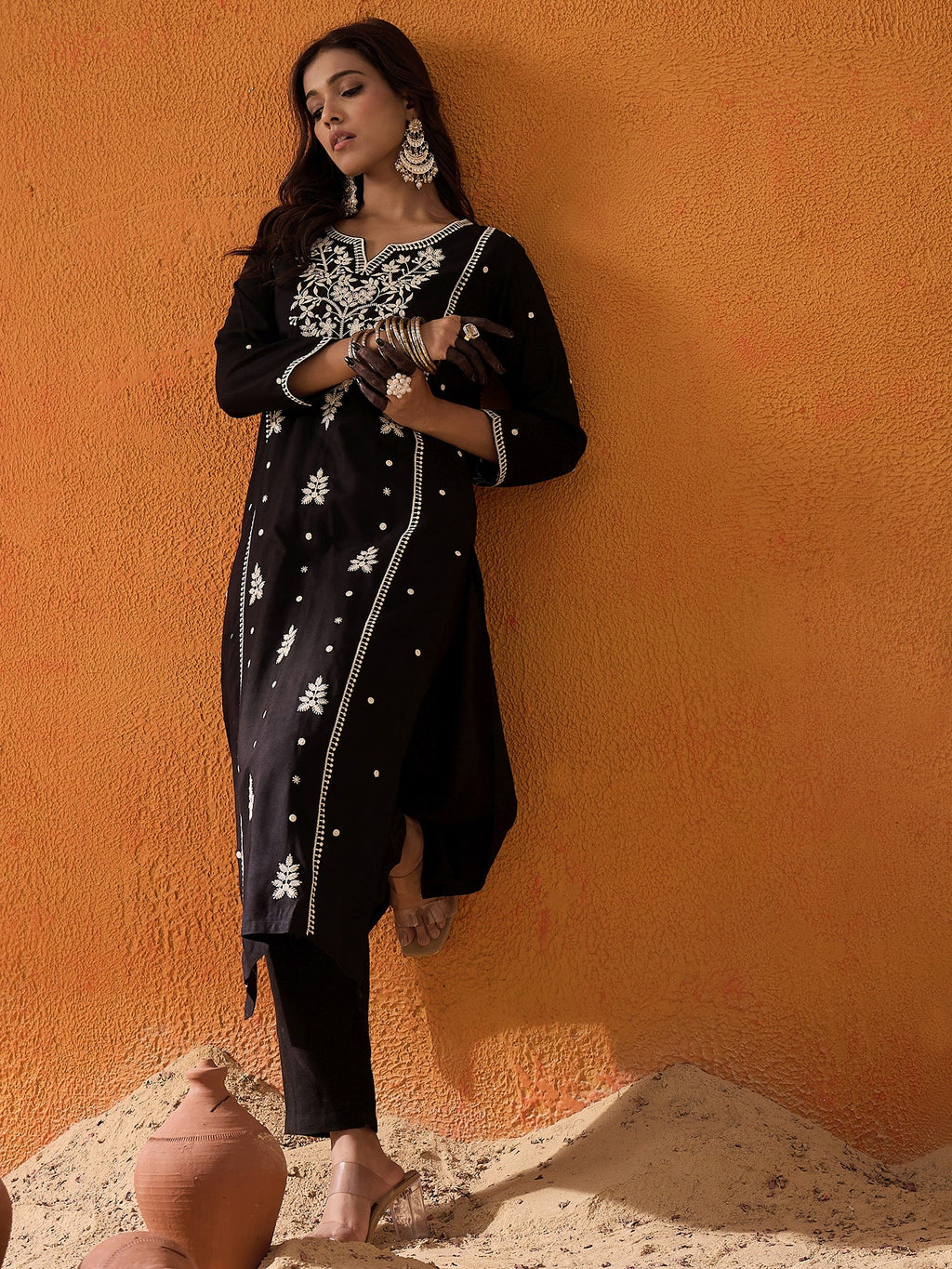 Indo Era Black Embroidered Straight Kurta | Grocsy