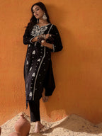 Indo Era Black Embroidered Straight Kurta | Grocsy