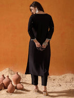 Indo Era Black Embroidered Straight Kurta | Grocsy