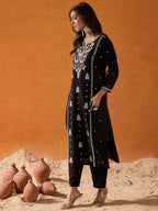 Indo Era Black Embroidered Straight Kurta | Grocsy