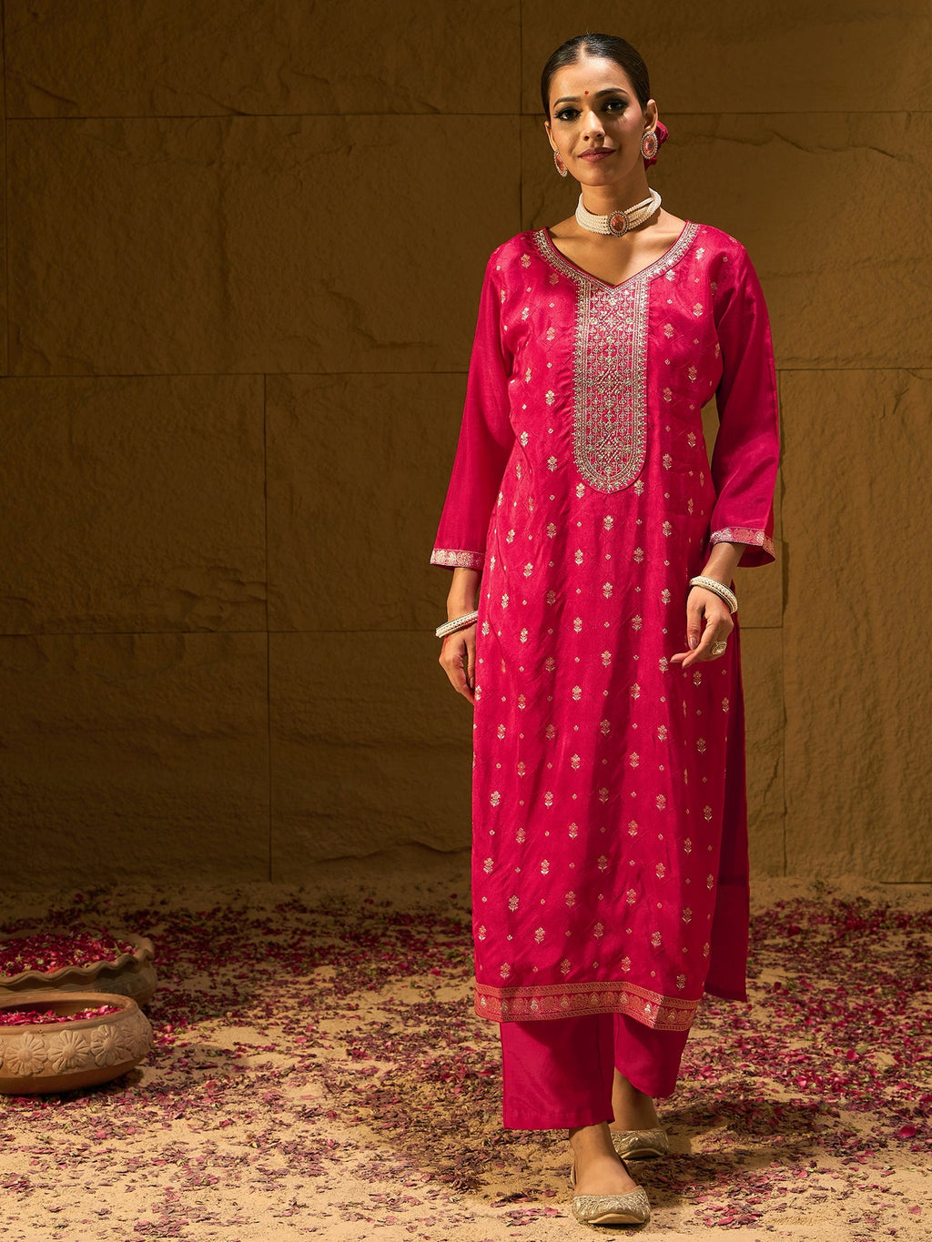 Indo Era Magenta Embroidered Straight Kurta Trousers With Dupatta set | Grocsy