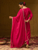 Indo Era Magenta Embroidered Straight Kurta Trousers With Dupatta set | Grocsy